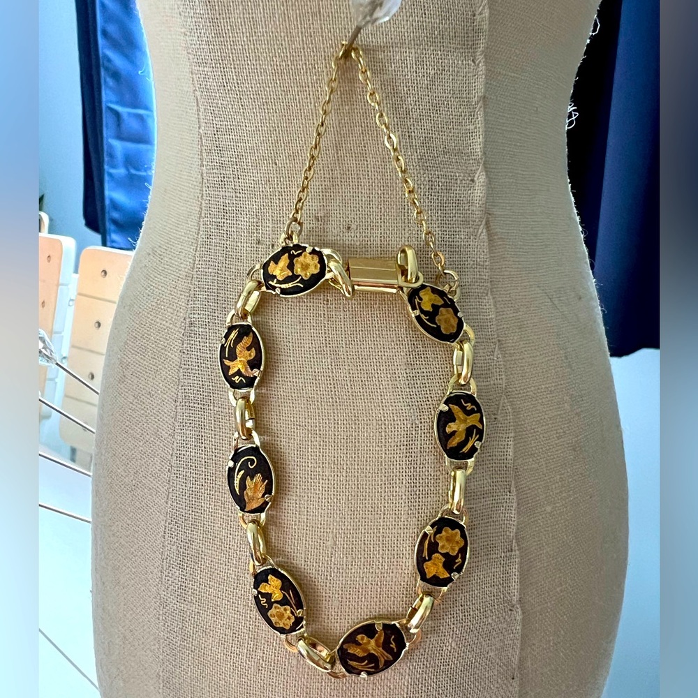 Vintage Damascene Goldtone w/Etched Birds/Floral on Black Enamel Link Bracelet
